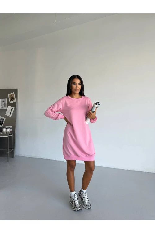 Kadın Pembe Bisiklet Yaka 2 iplik Günlük Rahat Elbise HZL25W-FRY123451