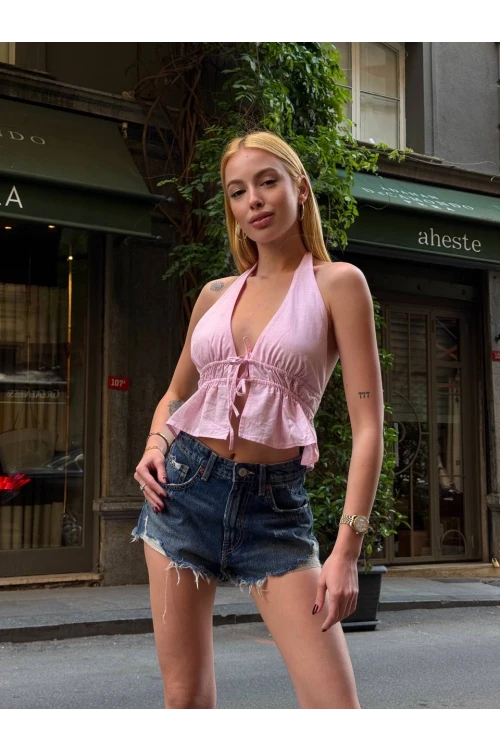 Kadın Pembe Boyundan Bağlamalı Sırtı Açık Keten Bluz HZL24S-ZK11081