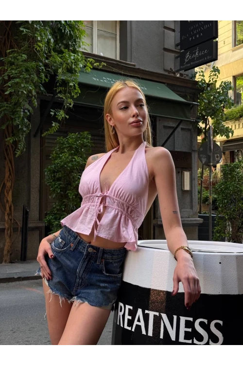 Kadın Pembe Boyundan Bağlamalı Sırtı Açık Keten Bluz HZL24S-ZK11081