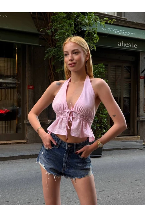 Kadın Pembe Boyundan Bağlamalı Sırtı Açık Keten Bluz HZL24S-ZK11081