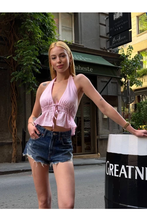 Kadın Pembe Boyundan Bağlamalı Sırtı Açık Keten Bluz HZL24S-ZK11081