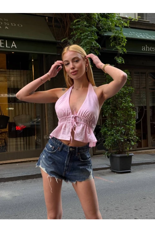 Kadın Pembe Boyundan Bağlamalı Sırtı Açık Keten Bluz HZL24S-ZK11081