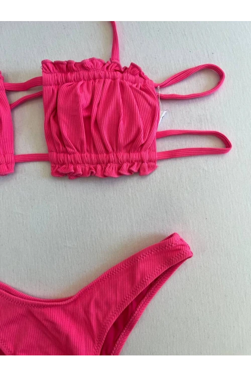 Kadın Pembe İp Bağlamalı Büzgülü Straplez Bikini Takım HZL25S-LC2226