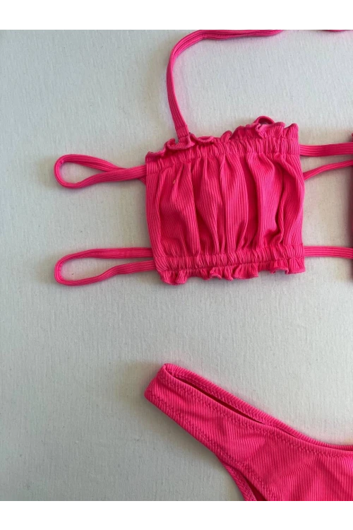 Kadın Pembe İp Bağlamalı Büzgülü Straplez Bikini Takım HZL25S-LC2226