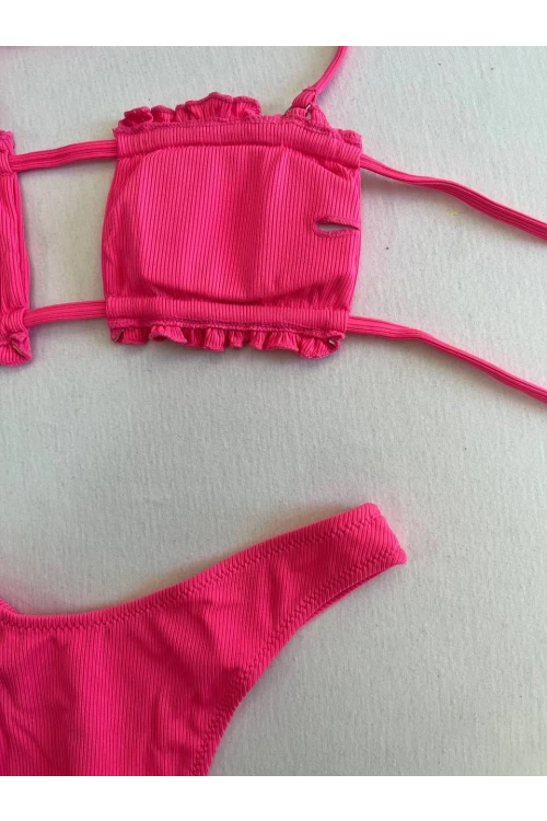 Kadın Pembe İp Bağlamalı Büzgülü Straplez Bikini Takım HZL25S-LC2226