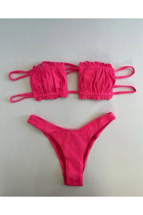 Kadın Pembe İp Bağlamalı Büzgülü Straplez Bikini Takım HZL25S-LC2226