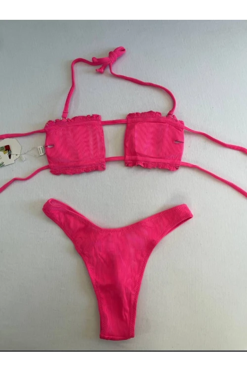 Kadın Pembe İp Bağlamalı Büzgülü Straplez Bikini Takım HZL25S-LC2226