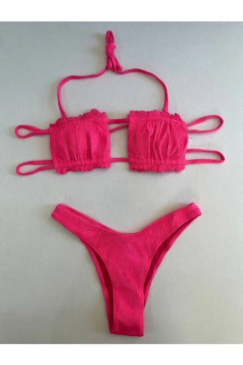 Kadın Pembe İp Bağlamalı Büzgülü Straplez Bikini Takım HZL25S-LC2226