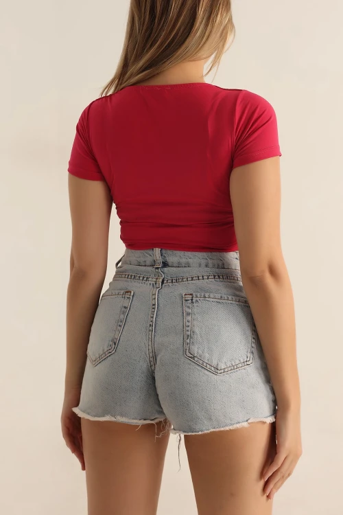 Kadın Pembe Kare Yaka Ön Büzgülü Crop Bluz HZL23S-SND120151