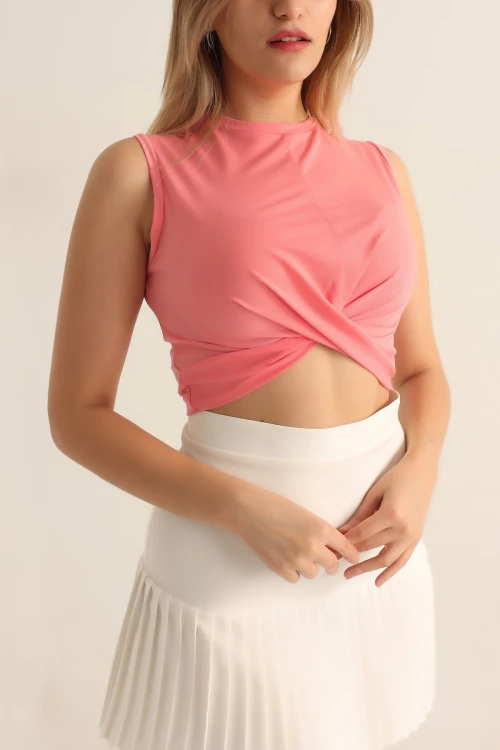 Kadın Pembe Önü Düğümlü Bisiklet Yaka Sıfır Kol Likralı Crop Bluz HZL23S-SND120181