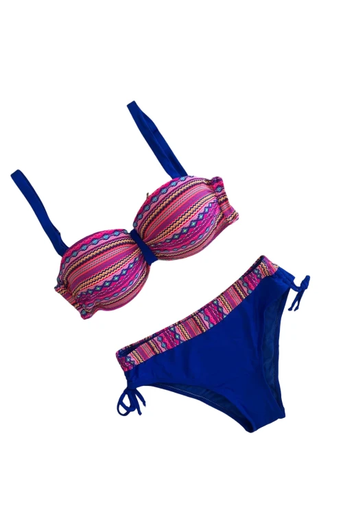 Kadın Pembe Saks Mavi Etnik Desenli Astarlı Bikini Takımı HZL25S-LC22626