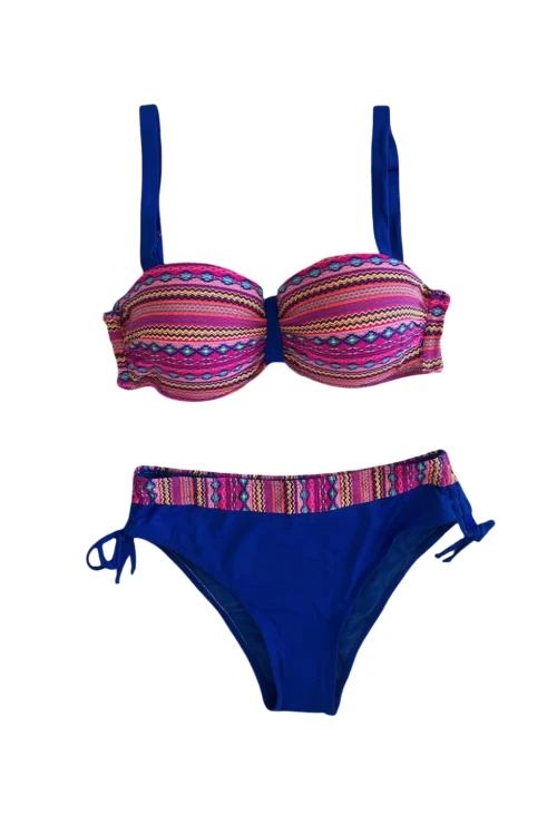 Kadın Pembe Saks Mavi Etnik Desenli Astarlı Bikini Takımı HZL25S-LC22626