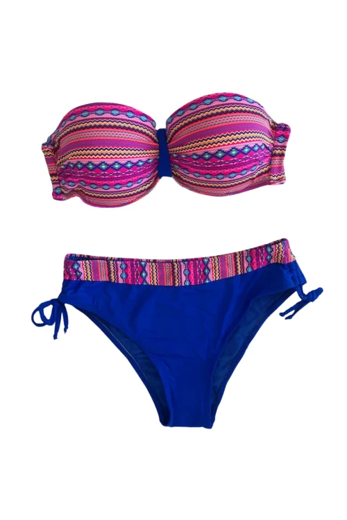 Kadın Pembe Saks Mavi Etnik Desenli Astarlı Bikini Takımı HZL25S-LC22626