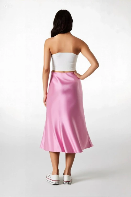 Kadın Pembe Saten Yüzeyli Beli Lastikli Midi Boy Etek Hzl23S-BD1101471