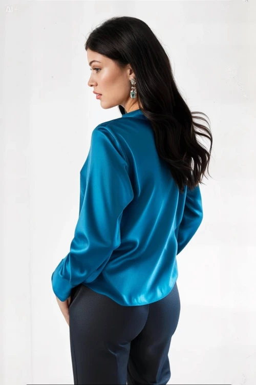 Kadın Petrol Mavisi Hafif Dökümlü Saten Yüzeyli Gömlek HZL22W-BD139641