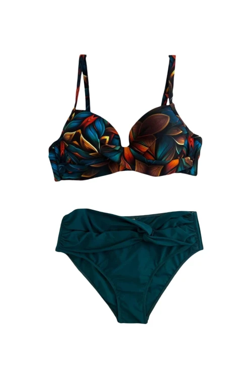 Kadın Petrol Yeşili Çiçek Desenli Astarlı Büyük Beden Bikini Takımı HZL25S-LC24108