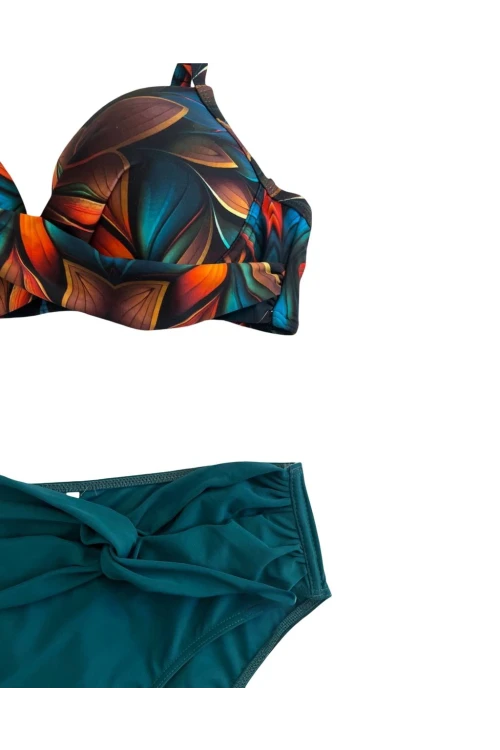 Kadın Petrol Yeşili Çiçek Desenli Astarlı Büyük Beden Bikini Takımı HZL25S-LC24108