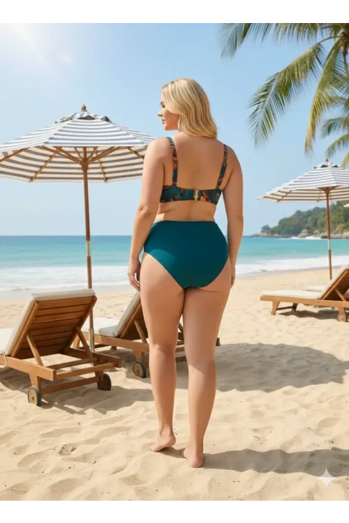 Kadın Petrol Yeşili Çiçek Desenli Astarlı Büyük Beden Bikini Takımı HZL25S-LC24108