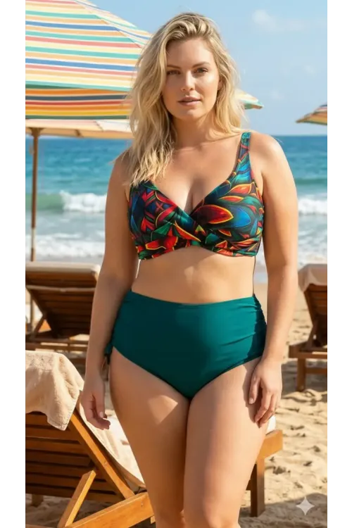 Kadın Petrol Yeşili Çiçek Desenli Astarlı Büyük Beden Bikini Takımı HZL26S-LC21202