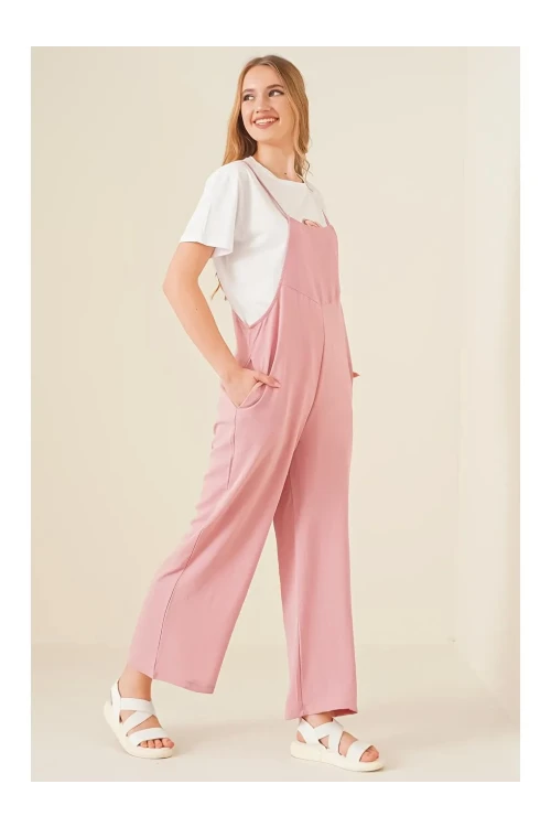 Kadın Pudra Ayarlanabilir Askılı Cepli Bol Paça Bahçıvan Tulum HZL22S-BD170191