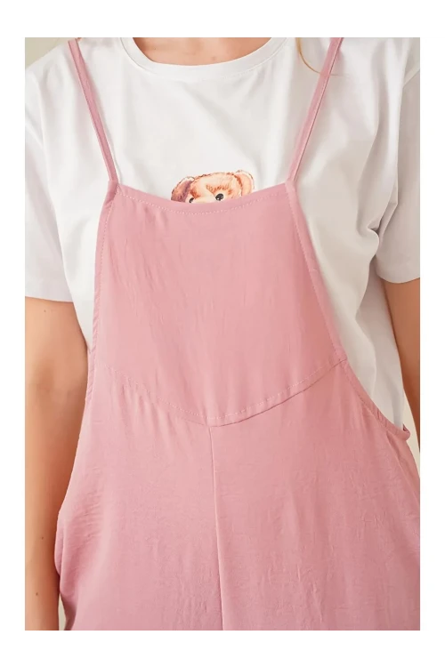 Kadın Pudra Ayarlanabilir Askılı Cepli Bol Paça Bahçıvan Tulum HZL22S-BD170191