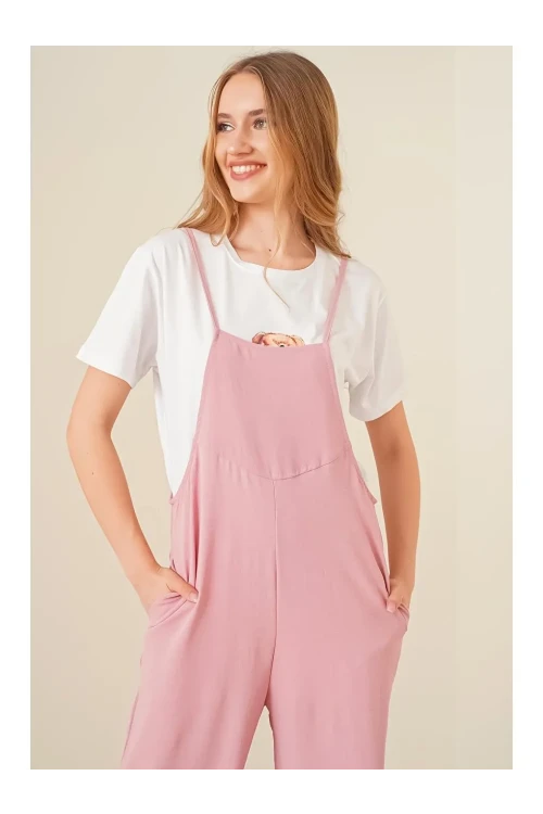 Kadın Pudra Ayarlanabilir Askılı Cepli Bol Paça Bahçıvan Tulum HZL22S-BD170191