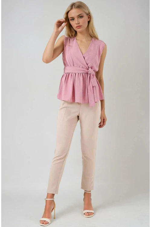 Kadın Pudra Kruvaze Yaka Beli Lastikli Kuşaklı Bluz HZL25S-BD19661