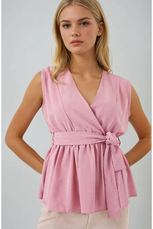 Kadın Pudra Kruvaze Yaka Beli Lastikli Kuşaklı Bluz HZL25S-BD19661