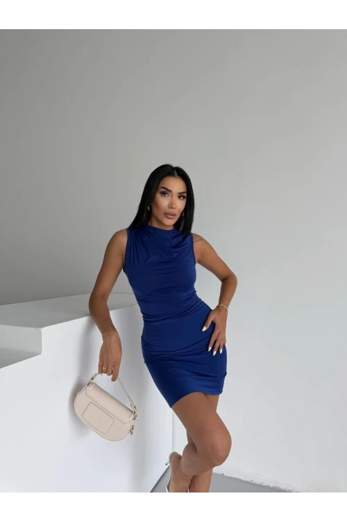 Kadın Saks Mavi Beli Drapeli Sandy Kumaş Mini Elbise HZL25S-FRY122981