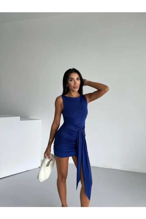 Kadın Saks Mavi Bisiklet Yaka Sıfır Kol Kuşaklı Elbise HZL25S-FRY123221