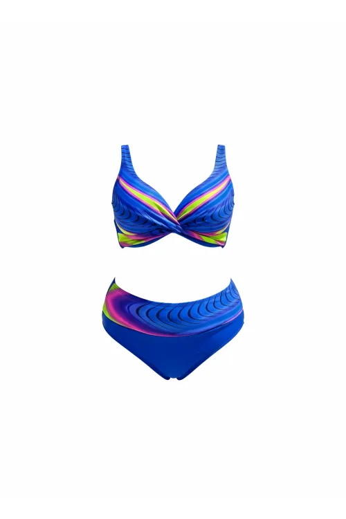 Kadın Saks Mavi Desenli Yüksel Bel Astarlı Büyük Beden Bikini Takımı HZL25S-LC22315-5