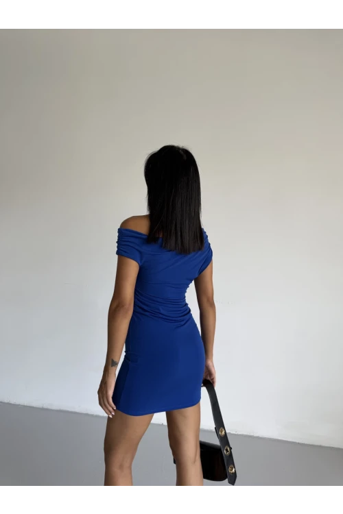 Kadın Saks Mavi Kayık Yaka Yandan Drapeli Mini Elbise HZL25S-FRY123261