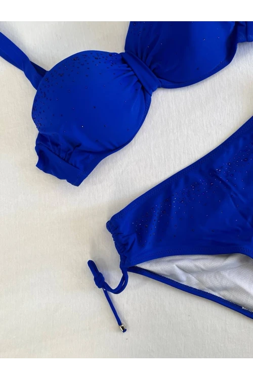 Kadın Saks Mavi Taş İşlemeli Astarlı Bikini Takım HZL25S-LC3361