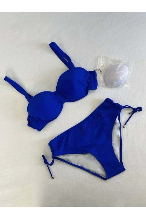 Kadın Saks Mavi Taş İşlemeli Astarlı Bikini Takım HZL25S-LC3361