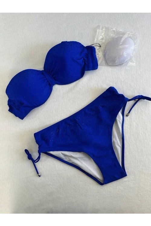 Kadın Saks Mavi Taş İşlemeli Astarlı Bikini Takım HZL25S-LC3361