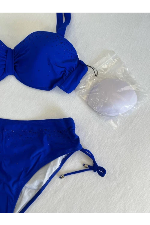Kadın Saks Mavi Taş İşlemeli Astarlı Bikini Takım HZL25S-LC3361
