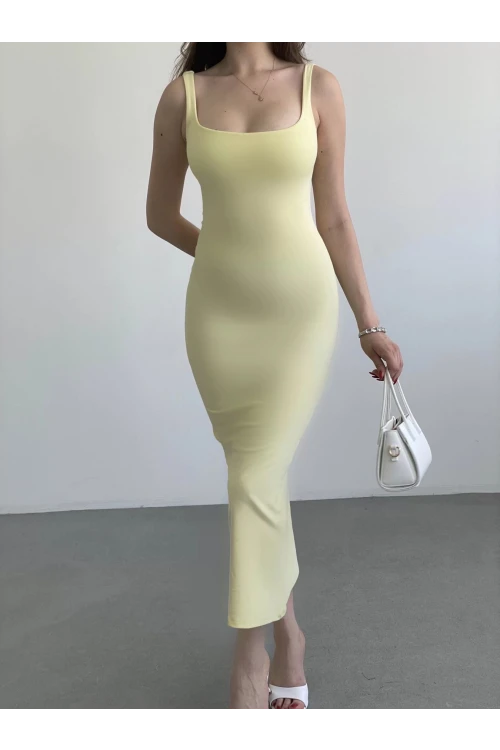 Kadın Sarı Askılı Kare Yaka Midi Elbise HZL25S-ZK11621