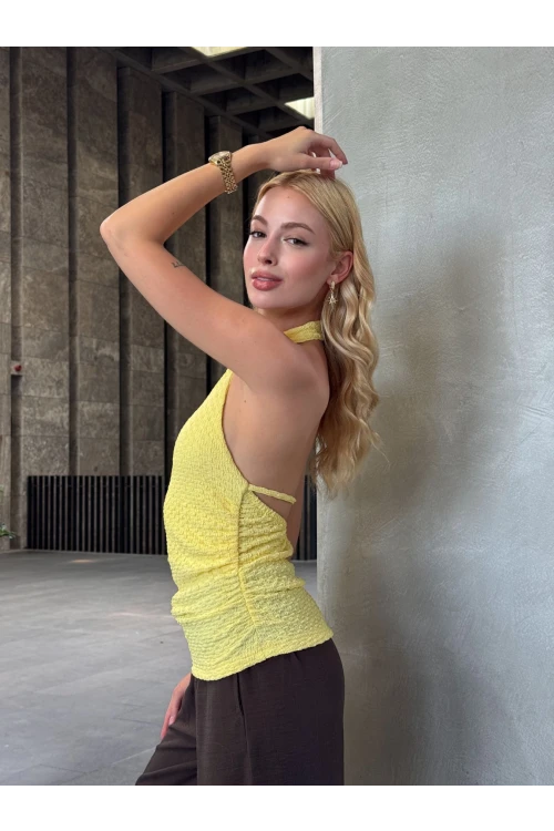 Kadın Sarı Boyundan Bağlamalı Gofre Kumaş Bluz HZL25S-ZK13631