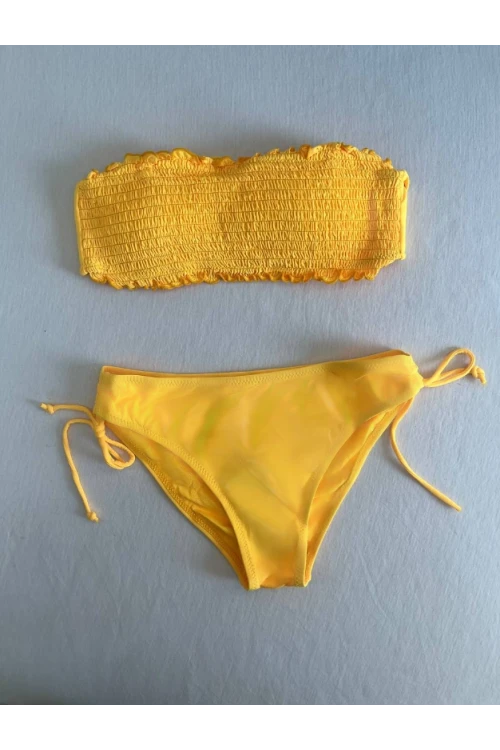 Kadın Sarı Büzgülü Astarlı Bikini Takım HZL25S-LC3349