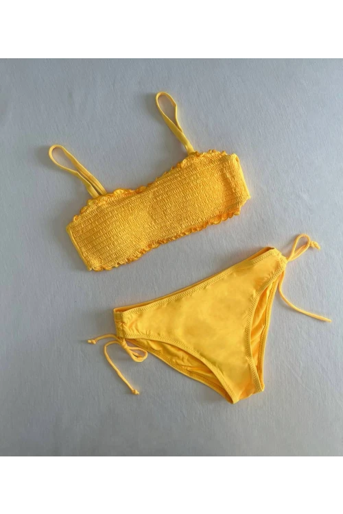 Kadın Sarı Büzgülü Astarlı Bikini Takım HZL25S-LC3349