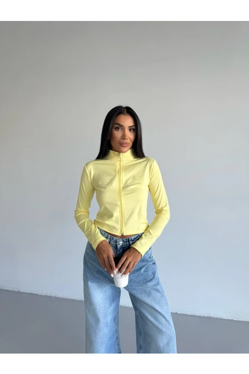 Kadın Sarı Dalgıç Kumaş Fermuar Kapamalı Parmak Geçirmeli Sweatshirt HZL25W-FRY123441