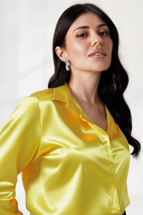 Kadın Sarı Hafif Dökümlü Saten Yüzeyli Gömlek Hzl22w-bd139641
