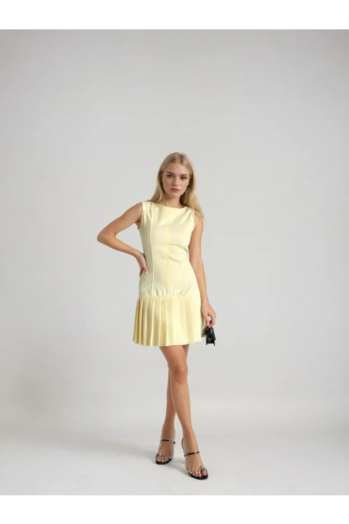 Kadın Sarı İthal Dooble Kumaş Kolsuz Elbise HZL25W-FRY122651