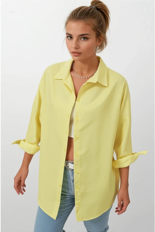 Kadın Sarı Oversize Uzun Basic Gömlek Hzl22w-bd139001