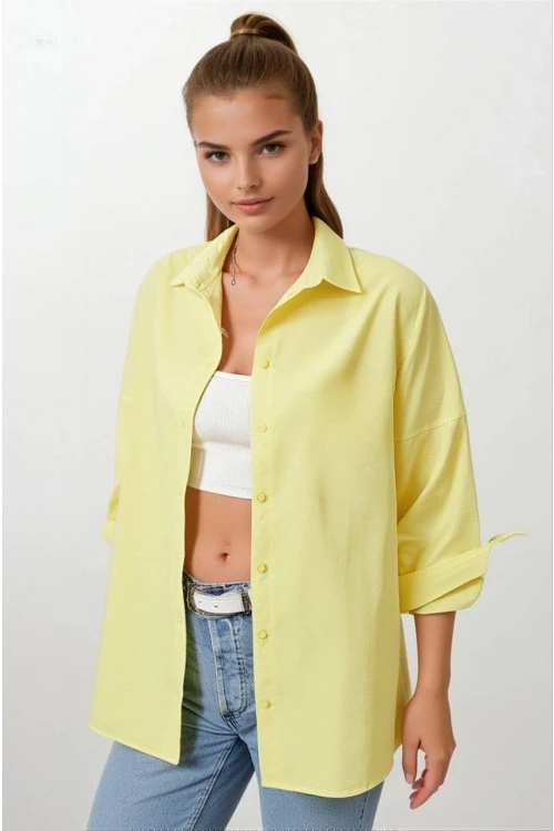 Kadın Sarı Oversize Uzun Basic Gömlek Hzl22w-bd139001