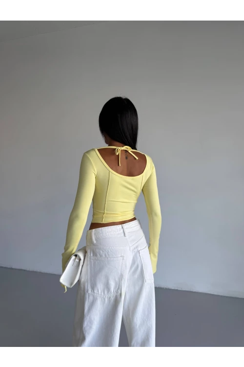Kadın Sarı Uzun Kollu Arkası Bağlamalı Fit Kesim Crop Bluz HZL25W-FRY122771