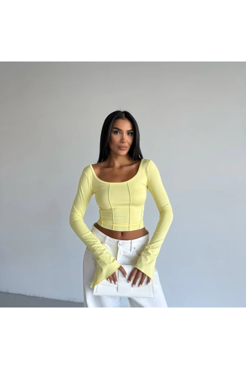 Kadın Sarı Uzun Kollu Arkası Bağlamalı Fit Kesim Crop Bluz HZL25W-FRY122771