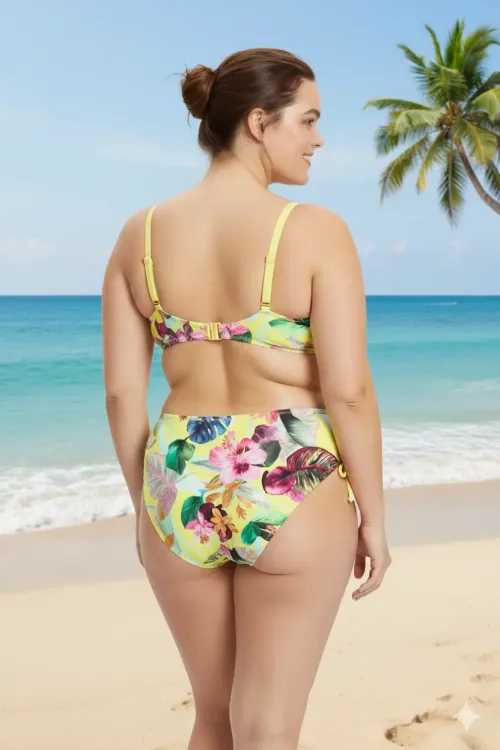 Kadın Sarı Yaprak Desenli Askılı Yüksek Bel Toparlayıcı Büyük Beden Bikini Takım HZL24S-LC22625