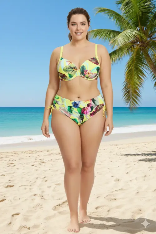 Kadın Sarı Yaprak Desenli Askılı Yüksek Bel Toparlayıcı Büyük Beden Bikini Takım HZL24S-LC22625