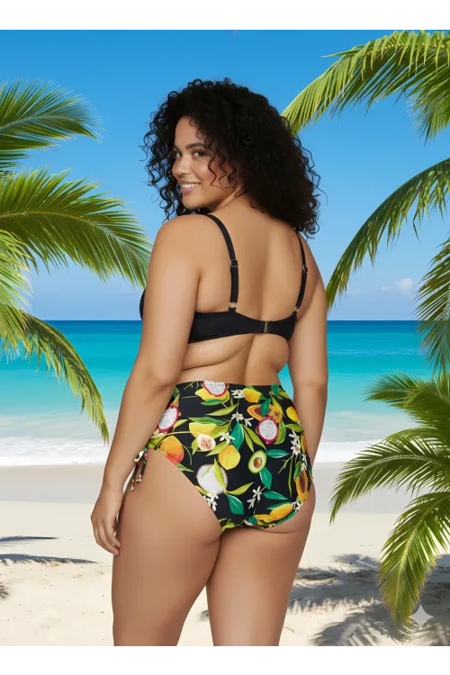 Kadın Siyah Aksesuar Detaylı Tropikal Desen Büyük Beden Bikini Takım HZL25S-LC3343